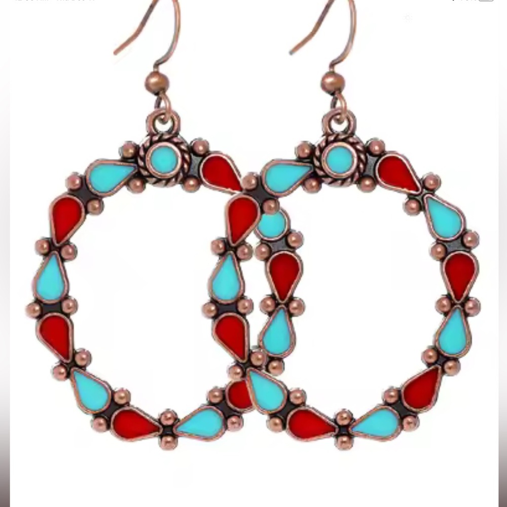 Colorful Turquoise and Red Teardrop Enamel Hoop Earrings - Picture 1 of 3
